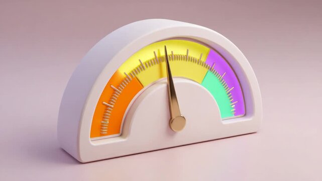 3D-rendered half-circle gauge shows performance, in colors with a gold needle