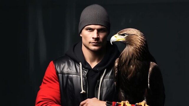 Man with hawk posing in dramatic lighting  