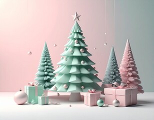 A pastel-colored Christmas scene with stylized trees and gifts in soft mint green and pink hues.