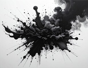 Abstract Black Ink Explosion on Light Grey Background Artistic Splatter Effect