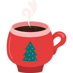 Cute Red Coffee Mug With Christmas Tree Design Steaming Hot Beverage In A Festive Holiday Celebration Season