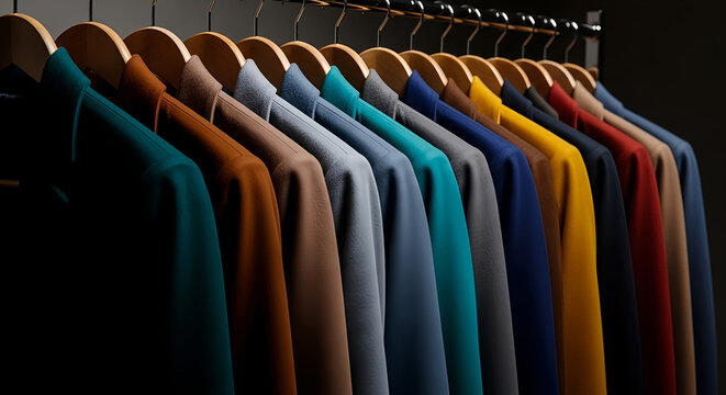A vibrant collection of multicolored men's suit jackets and blazers neatly arranged on a clothing rack, showcasing a spectrum of elegant menswear for selection in a tailor's shop - Powered by Adobe