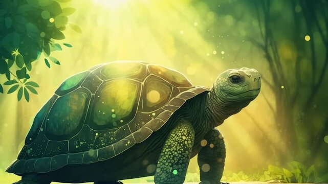 Peaceful turtle in glowing forest background