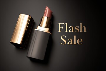 Flash sale message with a lipstick on a black background with golden details