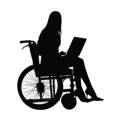 Disabled businesswoman in wheelchair working on laptop black silhouette vector illustration.