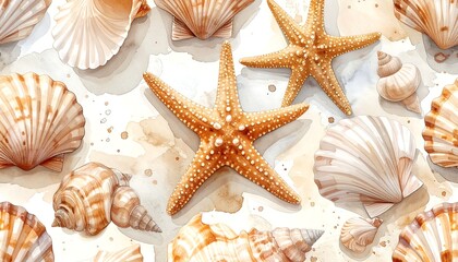 Seashells and starfish on a watercolor background