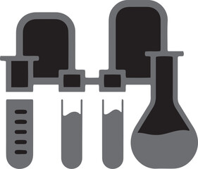 Abstract scientific laboratory equipment icons set representing chemistry research and pharmaceutical development with beakers flasks and test tubes isolated on transparent background