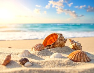 Seashells on sandy beach at sunrise