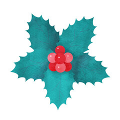 クリスマスに使える柊の葉（5枚）と赤い実の手描き水彩イラスト