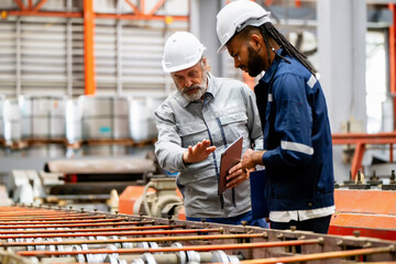 Two Men Working Together Checking Industrial Conveyor System. Senior Engineer or Industrial Technician Supervisor Guiding Junior Worker, Transferring Knowledge with Technology Tablet.