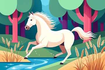 White horse running through a forest stream in a colorful cartoon style