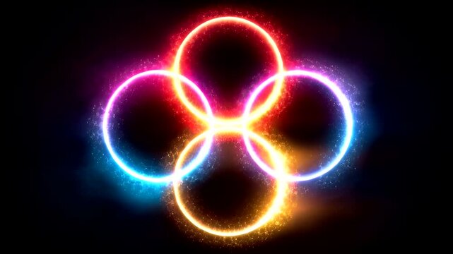 Dynamic glowing interlocking rings explode with vibrant neon energy and sparkling particles creating a mesmerizing abstract visual spectacle perfect for futuristic presentations and modern branding