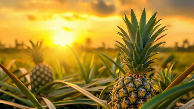 Ripe pineapples in golden sunrise field  