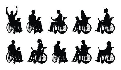 Disabled people sitting in wheelchair working on laptop online different positions black silhouettes set.