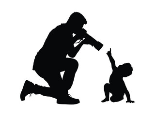 Father taking photos of his baby son with camera black silhouette vector illustration.