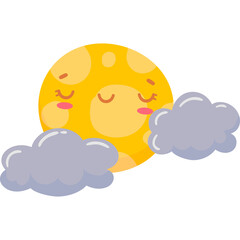 Cute Yellow Moon Character Sleeping Behind Gray Clouds With Rosy Cheeks And Closed Eyes And A Peaceful Expression On A Transparent Background