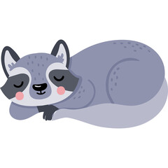 Cute Sleeping Raccoon With Gray Fur Pink Cheeks Closed Eyes And Bushy Tail Against Transparent Background Simple Vector Art