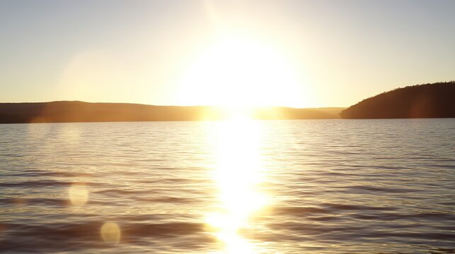 shore. Tranquil lakeside view at sunset with calm water reflecting golden hues. inspiring travel planning, travel magazines, designed for outdoor magazines and nature guides.