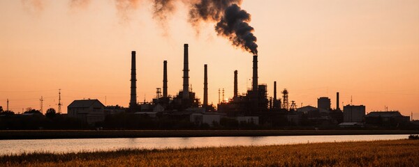 Industrial Skyline at Sunset with Emissions from Factory Stacks