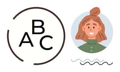 Portrait of smiling woman in green top next to stylized alphabet letters with abstract wave and circular accent. Ideal for education, communication, learning, literacy, creativity, positivity