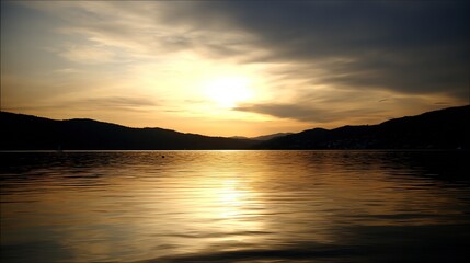 shore. Tranquil lakeside view at sunset with calm water reflecting golden hues. inspiring travel planning, travel magazines, designed for outdoor magazines and nature guides.