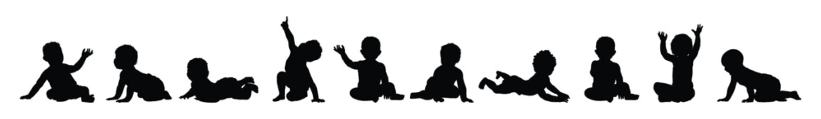 Group of cute babies and toddlers in different poses isolated black silhouette on white background set collection. Silhouettes of babies activities sitting crawling and playing vector illustration.