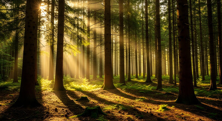 Sunlight in Forest, Trees with Sunbeams, Nature Landscape