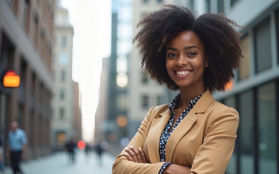 Young businesswoman in a city looking at camera, African-american student girl portrait, Young woman with crossed arms smiling, People, enjoy life, student lifestyle, city life, business concept