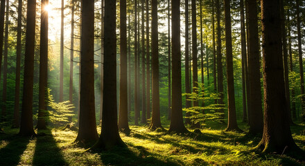 sunlit forest trees with green moss and sunlight