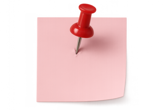 Reminder pink blank sticky note pinned with red pushpin, transparent background for office communication
