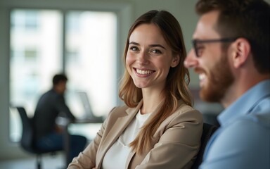 Smiling business woman in office. High quality