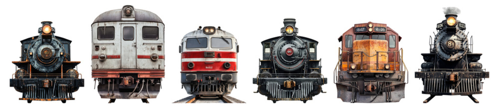 Vintage Train Collection Showcasing Diverse Locomotive Designs Isolated Transparent Background