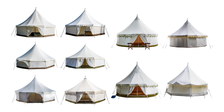 Variety of White Tents on Transparent Background