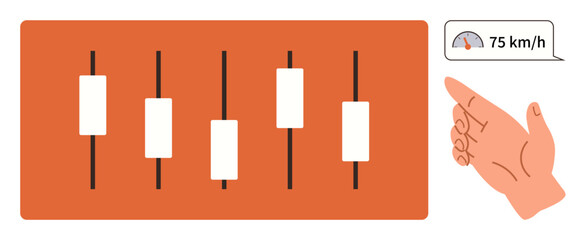 Candlestick chart with varying heights and hand gesture alongside speedometer gauge showing 75 kmh. Ideal for finance, stock market, data analysis, trading strategy, speed, measurement, simple flat