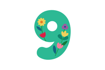 Number nine with wildflower meadow illustration