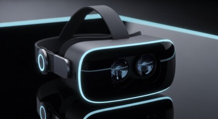 Fototapeta premium Futuristic Virtual Reality Headset with Luminous Cyan Accents, Sleek Design, and Reflective Studio Shot