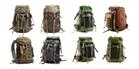 Variety of Stylish Outdoor Backpacks Displayed,PNG set collection, isolated on transparent background