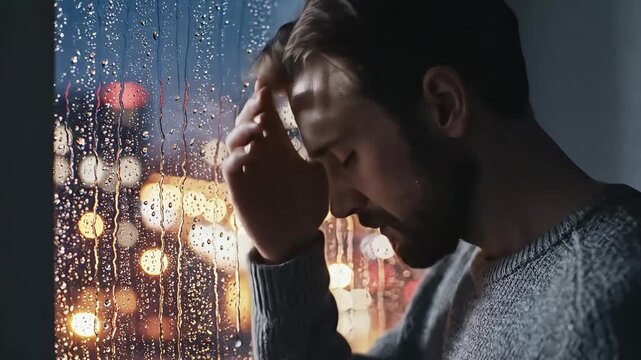 Man looking stressed while standing by a rainy window with city lights