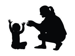 Happy mom playing with her daughter toddler girl black silhouette vector collection.