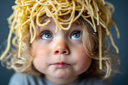 A child with spaghetti on the head like hair