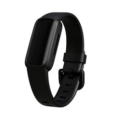 A sleek black fitness tracker or smartwatch with an unlit screen and silicone band on a transparent background, viewed from a slight low angle.
