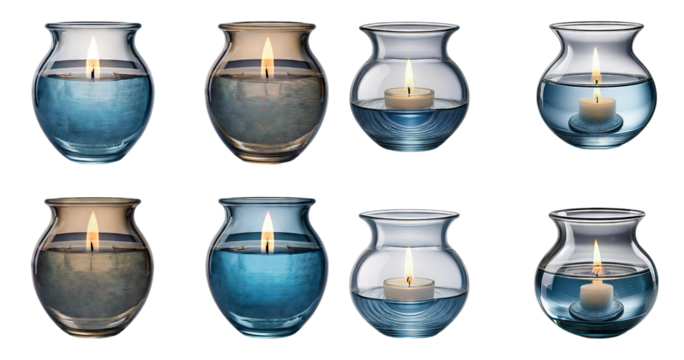 Tranquil Candle Jars with Water and Floating Candles in Various Styles, PNG bundle collection, Isolated on Transparent Background