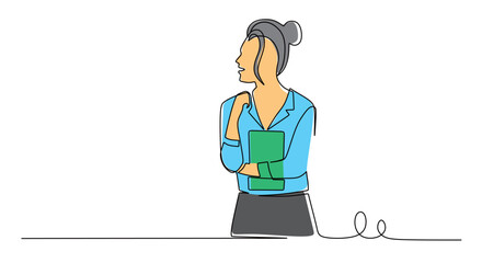 Continuous line art of a female student carrying a book on her chest. Vector illustration of a female student