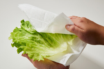 レタスの水気をキッチンペーパーで拭きとる