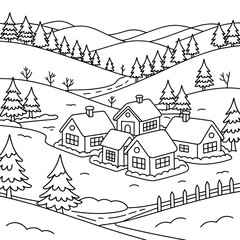 Serene Village in the Hills Coloring Page for Kids and Adults