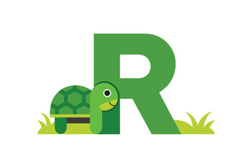 Letter r adorned with a turtle on grass illustration