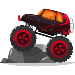 Dark Red Monster Truck With Large Black Tires Crushing Grey Rock With Transparent Background And Shadow