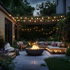 Serene Outdoor Patio with Fire Pit and String Lights, Cozy Patio with Fire Pit and Twinkling Lights, Outdoor Fire Pit with Cozy Seating and Lights, Serene Backyard Patio with Warm Fire Pit, Charming P