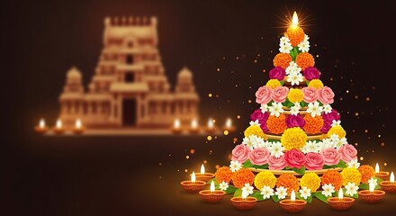 Festive floral arrangement with temple and oil lamps for diwali celebration.