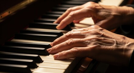 Fototapeta premium Elderly hands playing piano under warm light